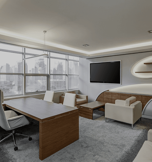 a modern office with a tv